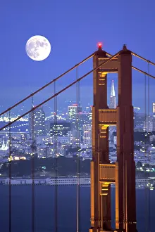 Full Moon Prints: full moon rising at the Golden Gate Bridge with the Transamerica Pyramid