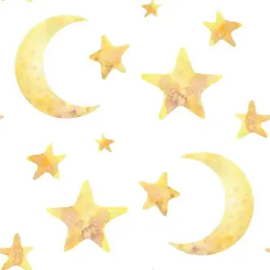 Moonlight Prints: The moon and stars are yellow on a white background