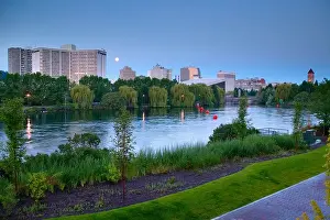 Inland Prints: Moonset over the Spokane River and Riverfront Park Spokane Washington