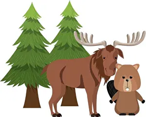 Pine Tree Prints: Moose and beaver forest animal of canada design