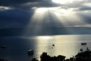 Morning sunlight over the Sea of Galilee in Israel