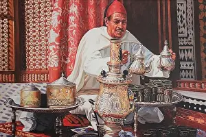 Moroccan Painting Of Traditionally Dressed Man Tea Ceremony