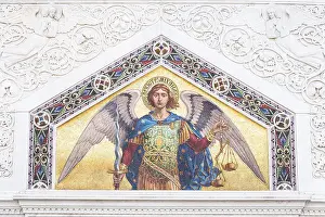 Serbian Prints: Mosaic of Saint Michael on the facade of the Serbian Orthodox Church in Trieste