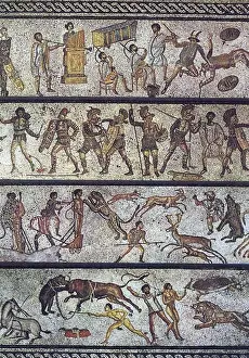 Mosaic showing Roman entertainments from the 1st century. Jamahiriya Museum, Tripoli, Libya. From Dar Buc Ammera villa (Zliten).. before 80 AD