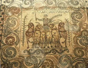Caballo Prints: MOSAICO ROMANO DE LOS AURIGAS - SIGLO IV - DETALLE DEL AURIGA MARCIANUS CON LAS PALMAS SIMBOLO DE LA VICTORIA