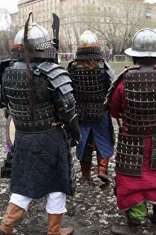 MOSCOW - APRIL 28: Back of east warriors in armor on Maneuvers East versus West