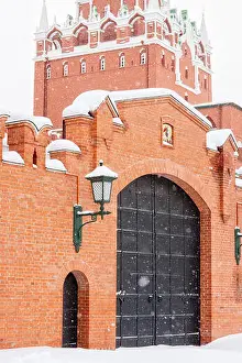 Snowfall Prints: Moscow Kremlin structure with a vintage lamp