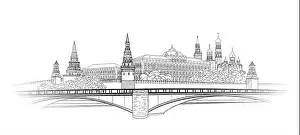 Cathedral Square Prints: Moscow Kremlin view sketch. City buildings engraving illustration