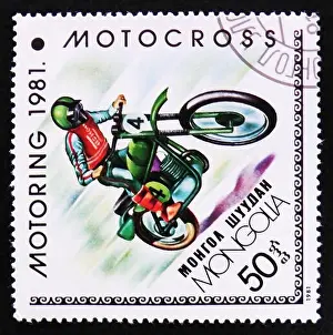 1981 Prints: MOSCOW, RUSSIA - APRIL 2, 2017: A post stamp printed in Mongolia shows Motocross