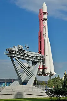 Missile Prints: Moscow, Russia - august 12, 2019: Vostok rocket and launcher at the Exhibition of achievements of the national economy