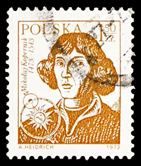 Astronomer Prints: MOSCOW, RUSSIA - FEBRUARY 4, 2023: Postage stamp printed in Poland shows Nicolaus Copernicus (1473-1543)
