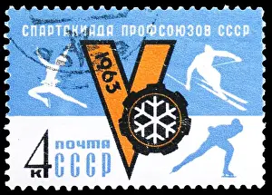 Ussr Prints: MOSCOW, RUSSIA - JANUARY 4, 2019: A stamp printed in USSR (Russia) devoted to 5th Winter Soviet Trade Union Spartakiad