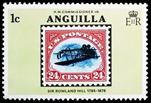 Inverted Prints: MOSCOW, RUSSIA - JUNE 28, 2020: Postage stamp printed in Anguilla shows USA inverted Jenny of 1918