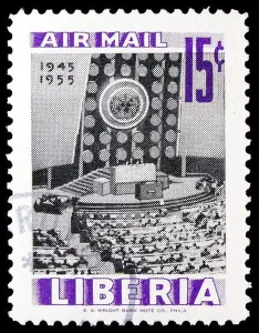 MOSCOW, RUSSIA - NOVEMBER 4, 2021: Postage stamp printed in Liberia shows Conference room