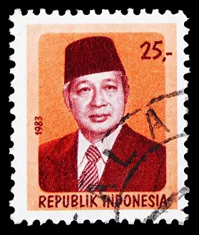 Postage Stamp Image Prints: MOSCOW, RUSSIA - SEPTEMBER 23, 2019: Postage stamp printed in Indonesia shows President Suharto