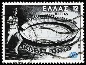 1981 Prints: MOSCOW, RUSSIA - SEPTEMBER 27, 2019: Postage stamp printed in Greece shows Olympic stadium