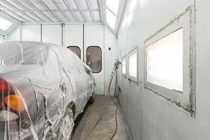 Paintwork Prints: MOSCOW - SEP 21: Preparing the car for painting on body shop Avtostandart on September 21