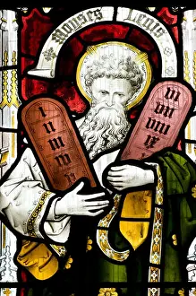 Stained Glass Prints: Moses with the ten commandments tablets St John's Church Glastonbury