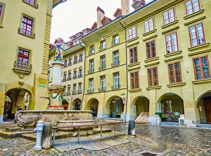 Bern Prints: Moses fountain (Mosesbrunnen) on Munsterplatz square in old Bern, Switzerland