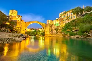 Twillight Prints: Mostar, Bosnia and Herzegovina - evening view at Stari Most or Old Bridge, Neretva River