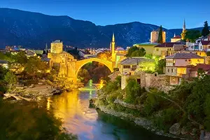 Mostar, Bosnia and Herzegovina - evening view at Stari Most or Old Bridge, Neretva River