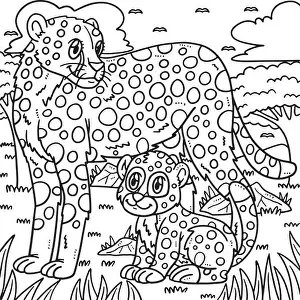 Mothers Day Prints: Mother Cheetah and Baby Cheetah Coloring Page