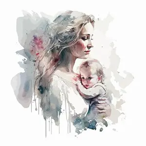 Mommy Prints: Mother with a child. Watercolor painting