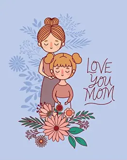 Mothers Prints: Mother and daughter cartoon with flowers and leaves vector design