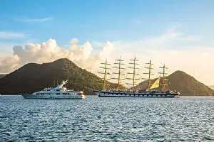 Yachting Prints: Motor yacht and big naval clipper anchored at the Rodney bay with
