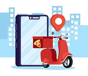 Shipment Prints: motorcycle delivery pizza service with smartphone