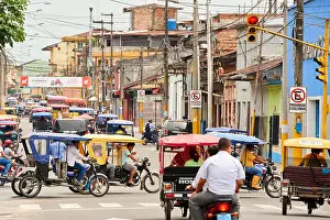 Latin American Prints: Mototaxis in a busy street in Iquitos, Peru, South America