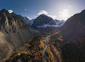 Mount Karatash in Aktru in Autumn. The Altai Mountains in Autumn. Aerial View