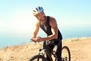 Guide Prints: Mountain bike, man or cyclist outdoor with phone for fitness