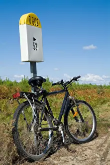 Country Road Prints: Mountain bike parked against a French milestone D802 country road in Landes Forest, France