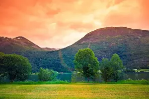 Vacation Village Prints: Mountain lake shore. Nature of Norway. Beautiful Scandinavian mountain landscape