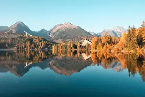 Mountain lake Strbske pleso (Strbske lake) in autumn time. High Tatras national park, Slovakia. Landscape photography