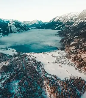 Mountain and Lake Winter Landscape at the Grundlsee in Austria