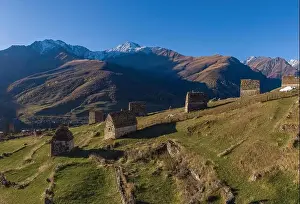 North Ossetia Prints: Mountain landscape and medieval architecture of North Ossetia. Shot on a drone