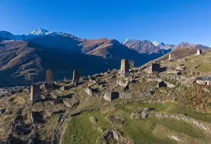 North Ossetia Prints: Mountain landscape and medieval architecture of North Ossetia. Shot on a drone