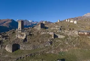 Mountain landscape and medieval architecture of North Ossetia. Shot on a drone