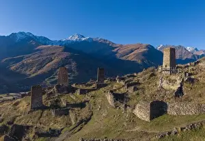 Mountain landscape and medieval architecture of North Ossetia. Shot on a drone
