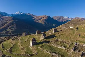 Mountain landscape and medieval architecture of North Ossetia. Shot on a drone