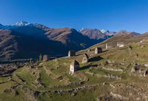 Mountain landscape and medieval architecture of North Ossetia. Shot on a drone