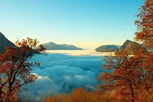 Lugano Prints: Mountain Peak San Salvatore Above Cloudscape with a Autumn Tree and Sunlight with Clear Sky in Lugano