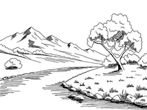 Mountain River Prints: Mountain river graphic black white landscape sketch illustration vector