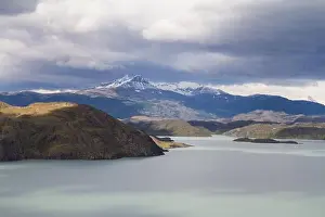 Torres Del Paine Prints: Mountain view in Torres del Paine Nationalpark, Chile, with sea, sky, mountains