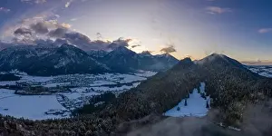 Tirol Prints: mountain vilsegg and vils city at lake alatsee at snowy winter while sunset sky