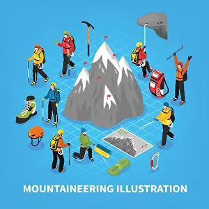 Climber Prints: Mountaineering isometric vector illustration with snow mountain touristic equipment and tools for climbers rising