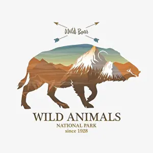 Handcrafted Prints: Mountains and boar, silhouette wild animal