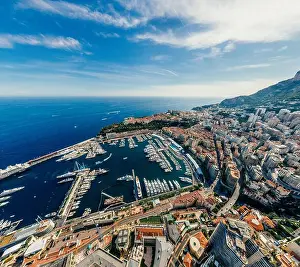 Motorboats Prints: Mountains in Monaco Monte-Carlo city riviera Drone summer photo Air 360 vr virtual reality drone panorama